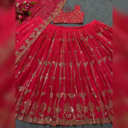 SHAFNUFAB Women's Georgette Semi Stitched lehengacholi SF201348  Diwali Outfit Embroidered lehengacholi Set Red  Colour Indian Heavy Lehenga