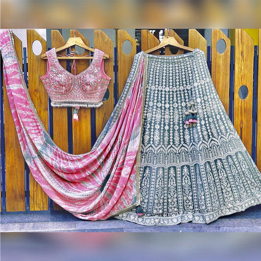 Shafnufab Women's Georgette weddings Lehenga Choli (SF201356 Grey Free Size )