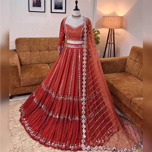 Shafnufab Women's Georgette weddings Lehenga Choli (SF201357 Orange Free Size )