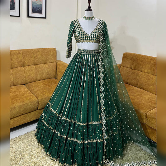 Shafnufab Women's Georgette weddings Lehenga Choli (SF201358 Green Free Size )