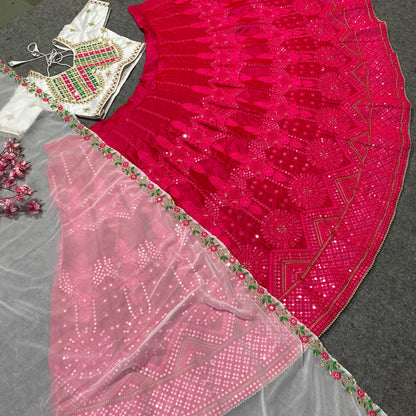SHAFNUFAB Women's Malay Satin Silk Semi Stitched lehengacholi SF201373  Diwali Outfit Embroidered lehengacholi Set Rani pink1  Colour Indian Heavy Lehenga