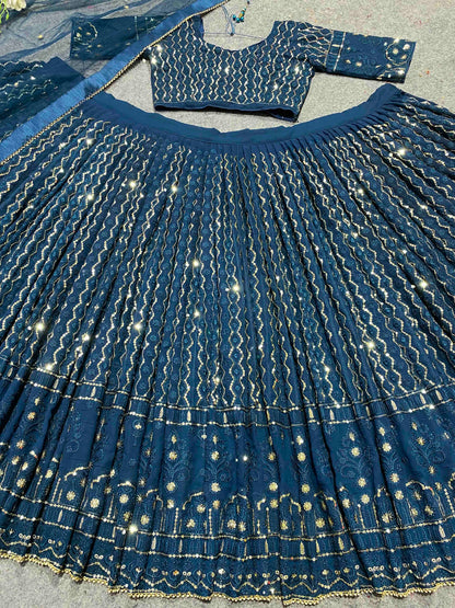 SHAFNUFAB Women's Georgette Semi Stitched lehengacholi SF201379  Diwali Outfit Embroidered lehengacholi Set Tourquise  Colour Indian Heavy Lehenga