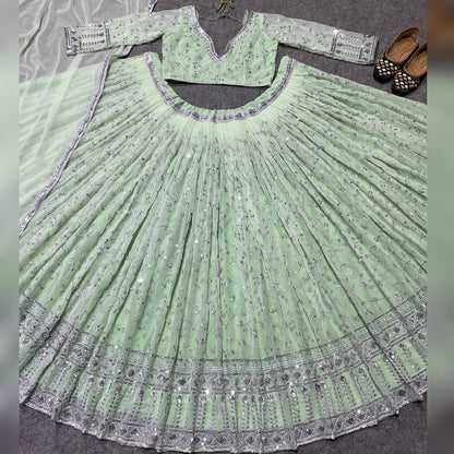 SHAFNUFAB Women's Georgette Semi Stitched lehengacholi SF201380  Diwali Outfit Embroidered lehengacholi Set Light Green  Colour Indian Heavy Lehenga