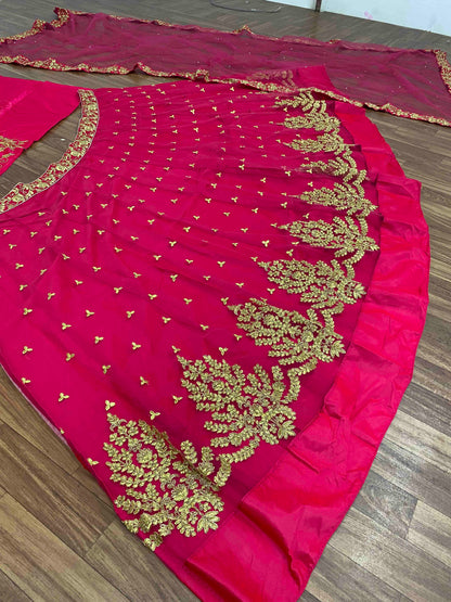 SHAFNUFAB Women's Net Semi Stitched lehengacholi SF201383  Diwali Outfit Embroidered lehengacholi Set Maroon  Colour Indian Heavy Lehenga