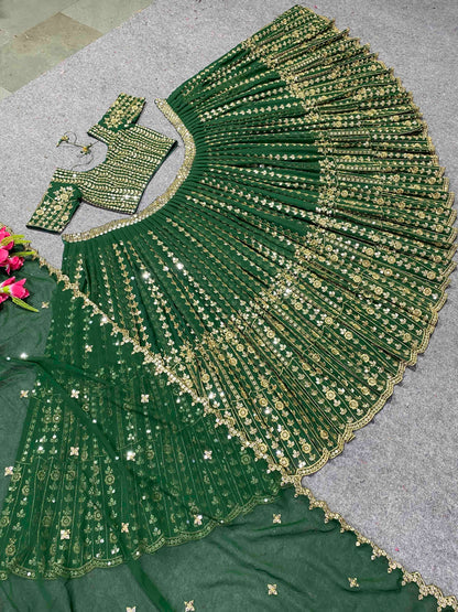 SHAFNUFAB Women's Georgette Semi Stitched lehengacholi SF201386  Diwali Outfit Embroidered lehengacholi Set Green  Colour Indian Heavy Lehenga