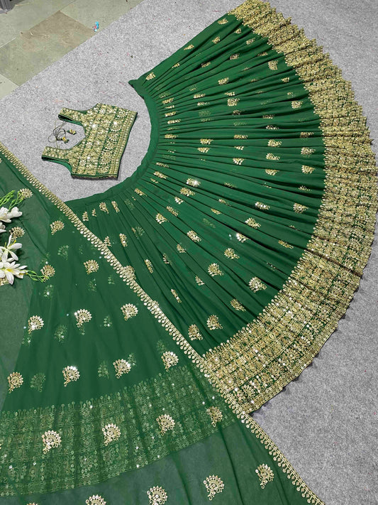 Shafnufab Women's Georgette Semi-Stiched Lehenga Choli( SF201398 Green Free Size )