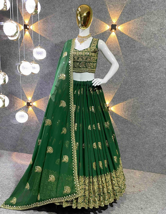 Shafnufab Women's Georgette Semi-Stiched Lehenga Choli( SF201398 Green Free Size )