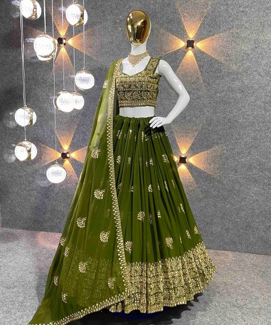 Shafnufab Women's Georgette Semi-Stiched Lehenga Choli( SF201399 Mehndi Free Size )
