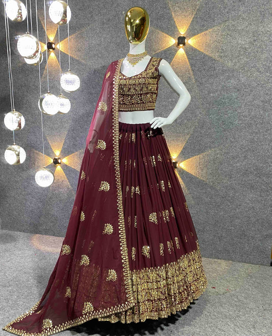 Shafnufab Women's Georgette Semi-Stiched Lehenga Choli( SF201400 Maroon Free Size )