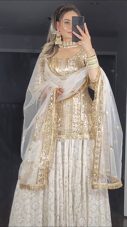 SHAFNUFAB Women's Georgette Ethnic Wear for Women Stitched   Sharara Salwar Suit SF201417  Diwali Outfit Bridal White  Colour Indian Casual Wear Salwar Suit IN Eid