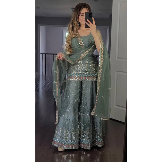 Shafnufab Women's Georgette Stitched Dhoti Suit(XL Size)  In  Blue  Colour SF201428