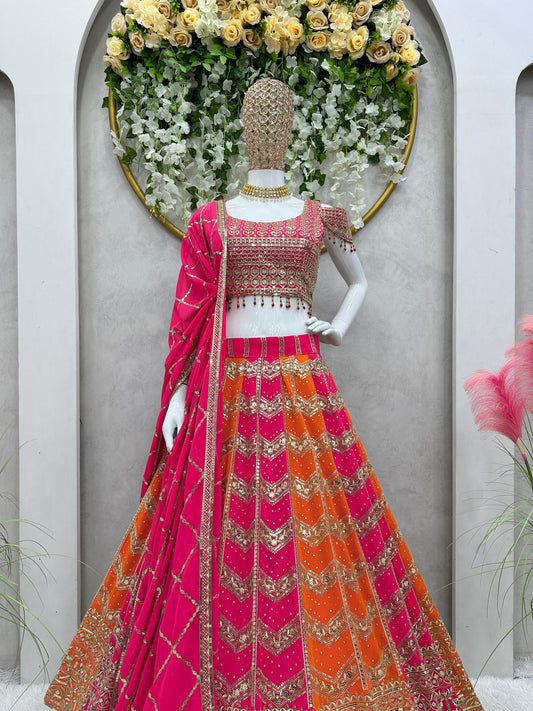 SHAFNUFAB Women's Gorgette Semi Stitched lehengacholi SF201464  Diwali Outfit Embroidered lehengacholi Set Orange  Colour Indian Heavy Lehenga