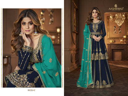 SHAFNUFAB Women's Georgette Ethnic Wear for WomenSemi StitchedSalwarSuit   SF201472  Diwali Outfit Bridal Blue  Colour Indian CasualWearSalwarSuit IN Eid