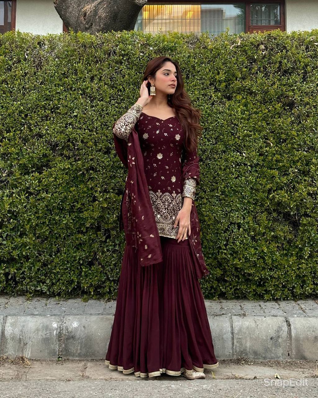 Shafnufab Women's Shinon Silk  Stitched Dhoti Suit(XL Size)  In  Maroon  Colour SF201479