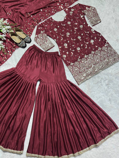 Shafnufab Women's Shinon Silk  Stitched Dhoti Suit(XL Size)  In  Maroon  Colour SF201479