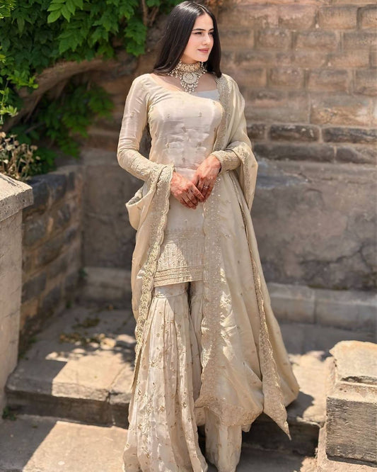 SHAFNUFAB Women's Chiffon Ethnic Wear for Women Stitched   Palazzo Salwar Suit SF201486  Diwali Outfit Bridal White  Colour Indian Casual Wear Salwar Suit IN Eid