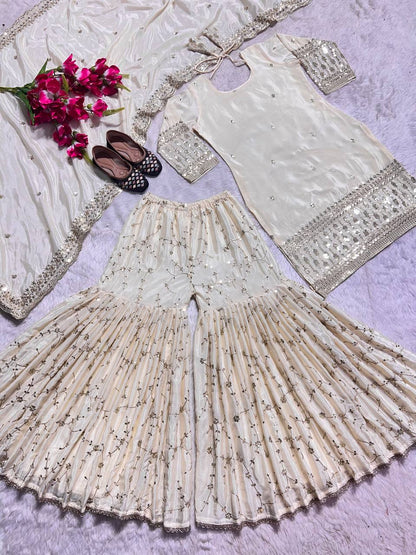 SHAFNUFAB Women's Chiffon Ethnic Wear for Women Stitched   Palazzo Salwar Suit SF201486  Diwali Outfit Bridal White  Colour Indian Casual Wear Salwar Suit IN Eid