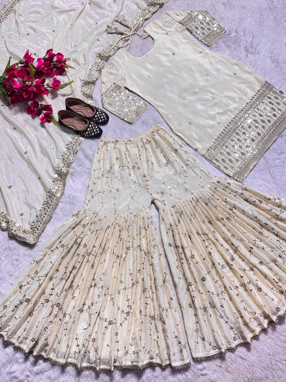 SHAFNUFAB Women's Chiffon Ethnic Wear for Women Stitched   Palazzo Salwar Suit SF201486  Diwali Outfit Bridal White  Colour Indian Casual Wear Salwar Suit IN Eid
