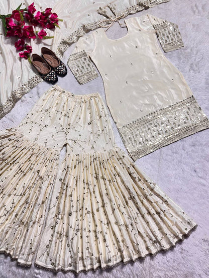 SHAFNUFAB Women's Chiffon Ethnic Wear for Women Stitched   Palazzo Salwar Suit SF201486  Diwali Outfit Bridal White  Colour Indian Casual Wear Salwar Suit IN Eid