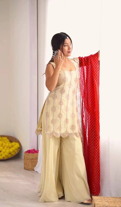 WOMEN'S Art Silk FullStichedWomen’s Stitched Traditional Gown - Heavy Embroidered Indian Ethnic Dress for Special EventsSF201590 SIZE Beige M