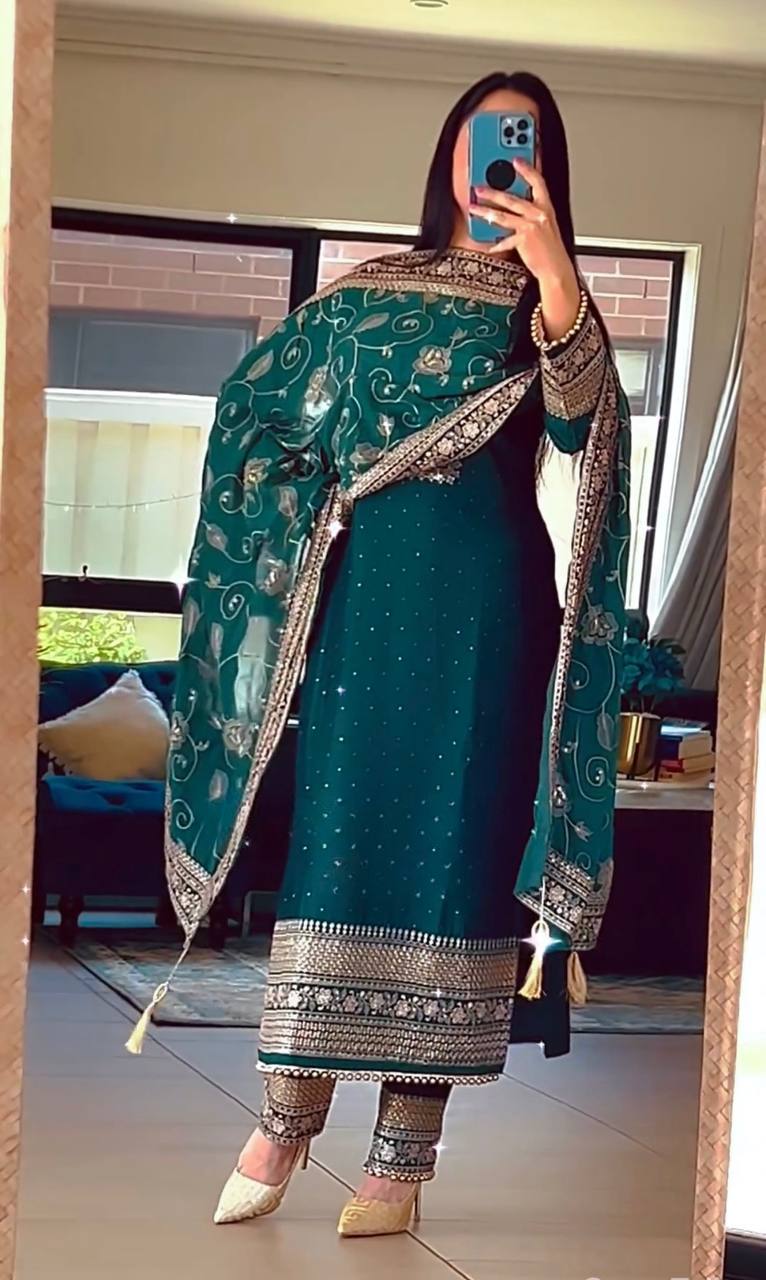 WOMEN'S Art Silk FullStichedWomenâ€™s Stitched Traditional suit- Heavy Embroidered Indian Ethnic Dress for Special EventsSF201510   SIZE Beige M