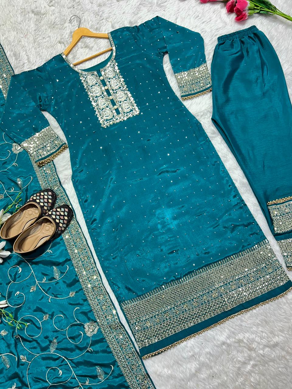 WOMEN'S Art Silk FullStichedWomenâ€™s Stitched Traditional suit- Heavy Embroidered Indian Ethnic Dress for Special EventsSF201510   SIZE Beige M