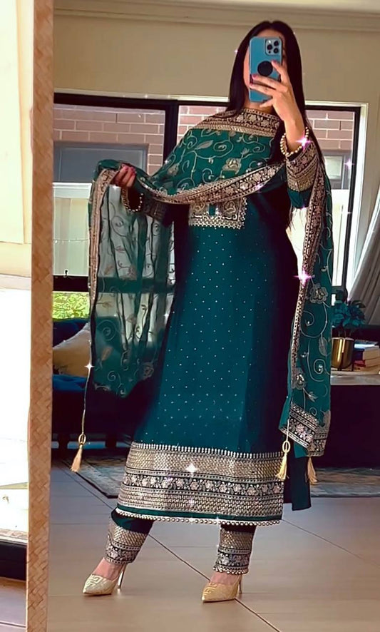 SHAFNUFAB WOMEN'S Georgette Stiched Suit (SF251115-M SIZE Blue M )