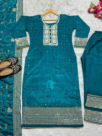 SHAFNUFAB WOMEN'S Georgette Stiched Suit (SF251115-M SIZE Blue M )