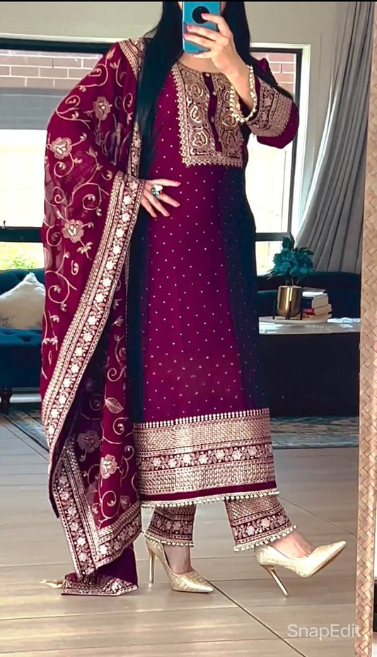 SHAFNUFAB WOMEN'S Georgette Stiched Suit (SF251116-M SIZE Maroon M )