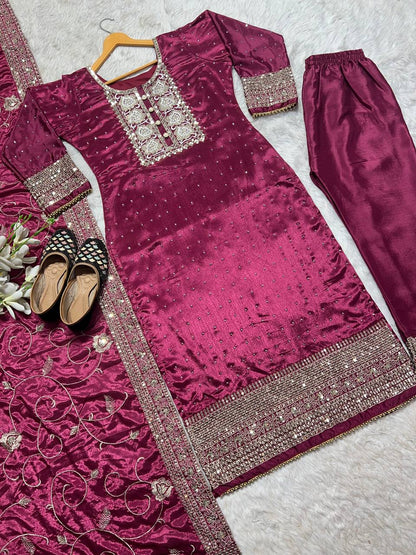 SHAFNUFAB WOMEN'S Georgette Stiched Suit (SF251116-M SIZE Maroon M )