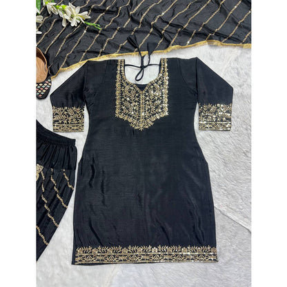 SHAFNUFAB WOMEN'S Chiffon Stiched Suit (SF251159-M SIZE Black Medium )