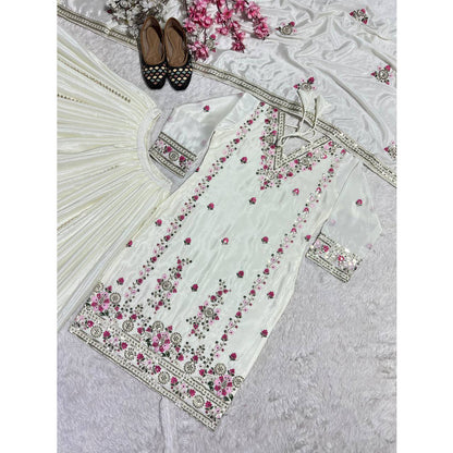 SHAFNUFAB WOMEN'S Chiffon Stiched Suit (SF251160-M SIZE White Medium )
