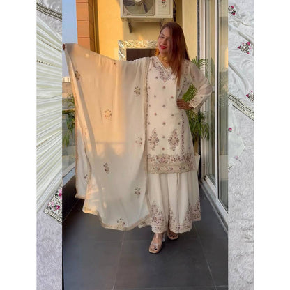 SHAFNUFAB WOMEN'S Chiffon Stiched Suit (SF251160-M SIZE White Medium )