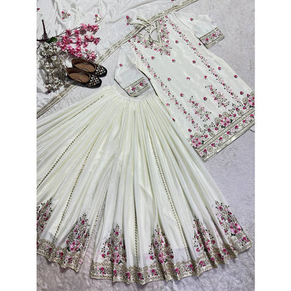 SHAFNUFAB WOMEN'S Chiffon Stiched Suit (SF251160-M SIZE White Medium )