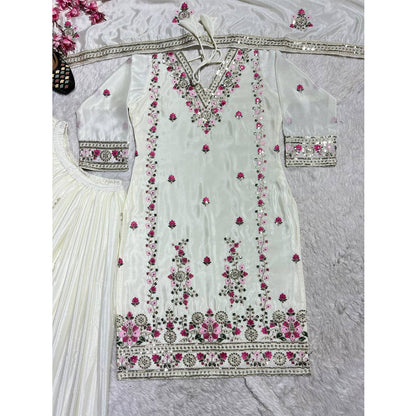 SHAFNUFAB WOMEN'S Chiffon Stiched Suit (SF251160-M SIZE White Medium )