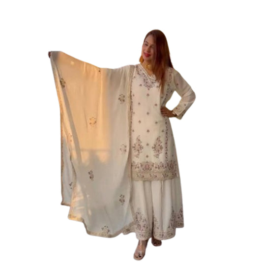 SHAFNUFAB WOMEN'S Chiffon Stiched Suit (SF251160-M SIZE White Medium )