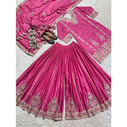SHAFNUFAB WOMEN'S Chiffon Stiched Suit (SF251162-M SIZE Pink Medium )