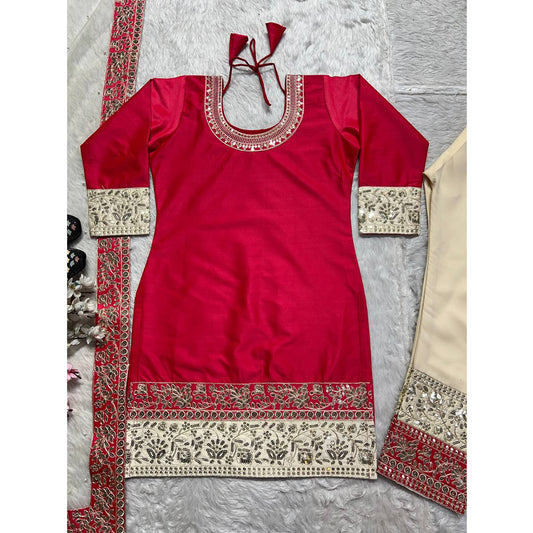 SHAFNUFAB WOMEN'S Georgette Stiched Suit (SF251171-M SIZE Red Medium )