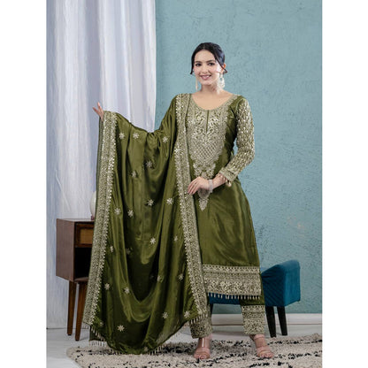 SHAFNUFAB WOMEN'S Georgette Stiched Suit (SF251172-M SIZE Green Medium )