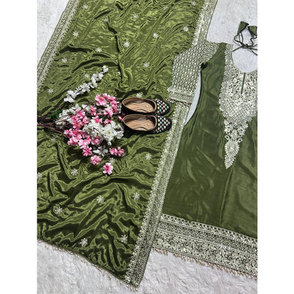 SHAFNUFAB WOMEN'S Georgette Stiched Suit (SF251172-M SIZE Green Medium )
