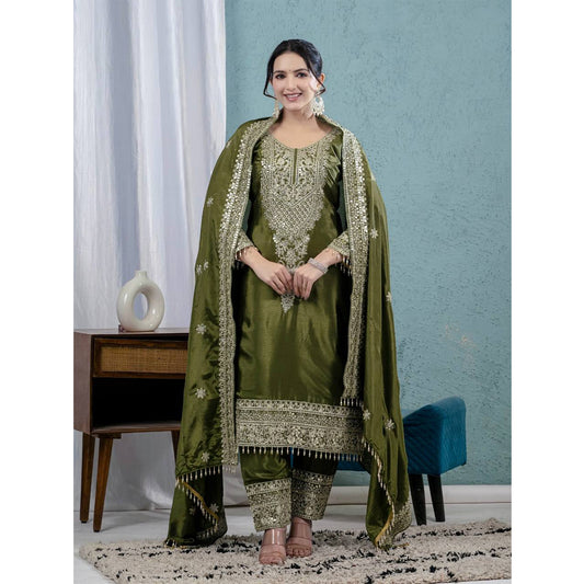 SHAFNUFAB WOMEN'S Georgette Stiched Suit (SF251172-M SIZE Green Medium )