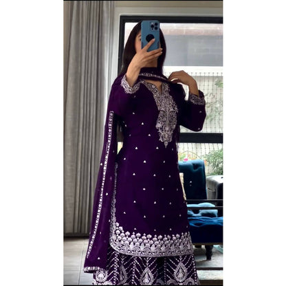 SHAFNUFAB WOMEN'S Georgette Stiched Suit (SF251173-M SIZE Wine Medium )