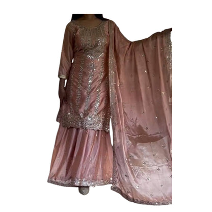 SHAFNUFAB WOMEN'S Georgette Stiched Suit (SF251174-M SIZE Beige Medium )