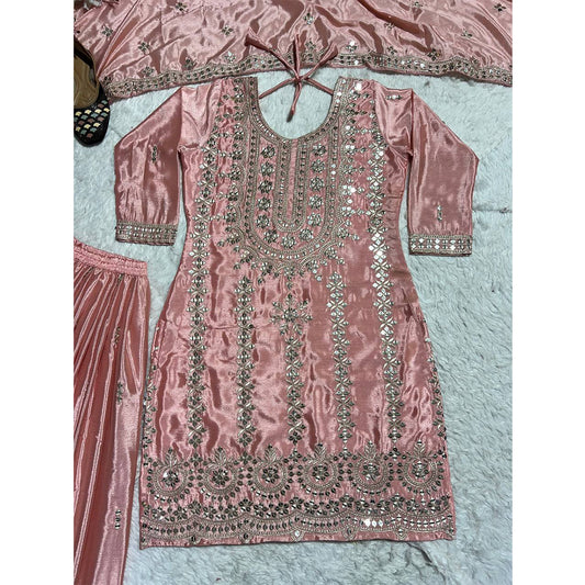 SHAFNUFAB WOMEN'S Georgette Stiched Suit (SF251174-M SIZE Beige Medium )