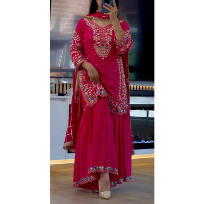SHAFNUFAB WOMEN'S Georgette Stiched Suit (SF251177-M SIZE Pink1 Medium )