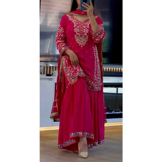 SHAFNUFAB WOMEN'S Georgette Stiched Suit (SF251177-M SIZE Pink1 Medium )