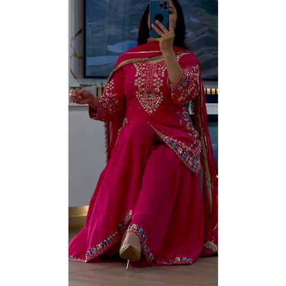 SHAFNUFAB WOMEN'S Georgette Stiched Suit (SF251177-M SIZE Pink1 Medium )