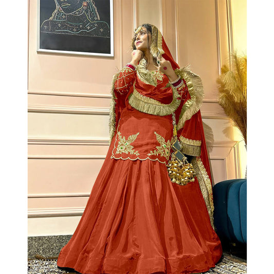 SHAFNUFAB WOMEN'S Georgette Stiched Suit (SF251181-M SIZE Orange Medium )