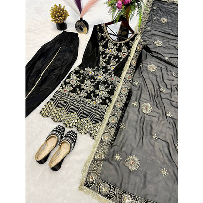 SHAFNUFAB WOMEN'S Georgette Stiched Suit (SF251190-M SIZE Black1 Medium )