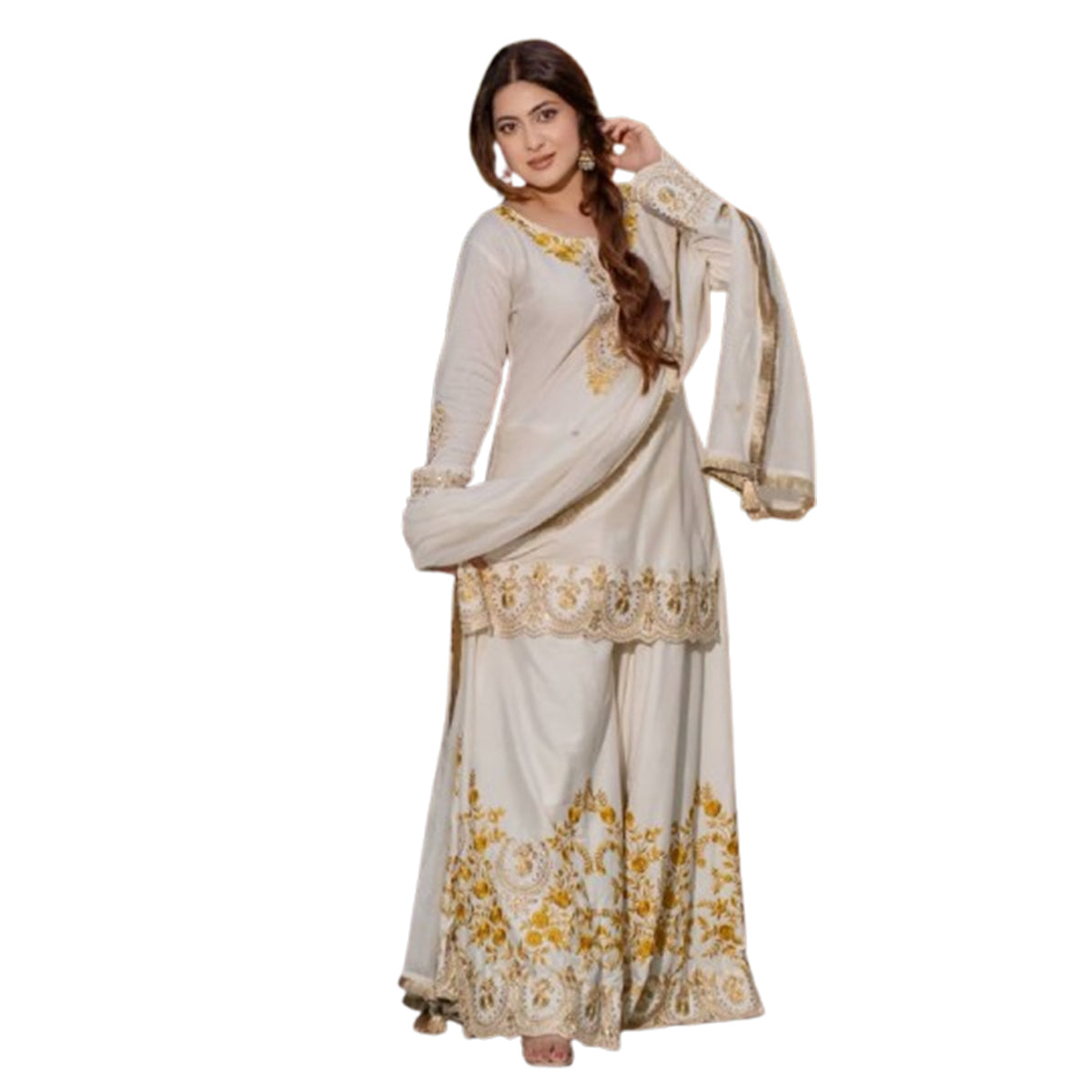 SHAFNUFAB WOMEN'S Art Silk Stiched Suit (SF251192-M SIZE White Medium )